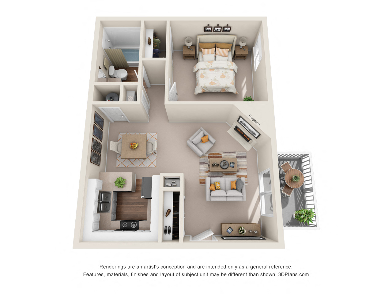 Floor plan for 1 bed, 1 bath, 738 sqft